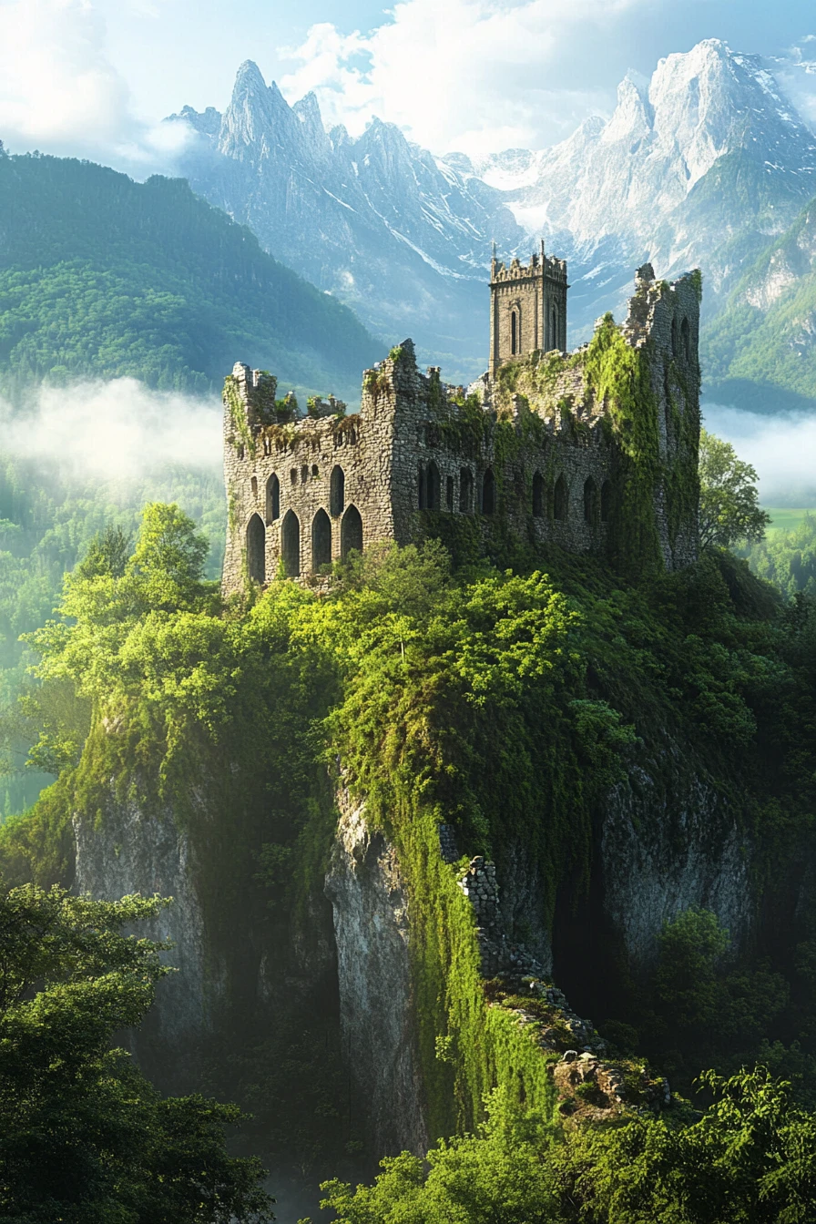 Les ruines d'un château médiéval couronnent une colline brumeuse au cœur d'une forêt luxuriante