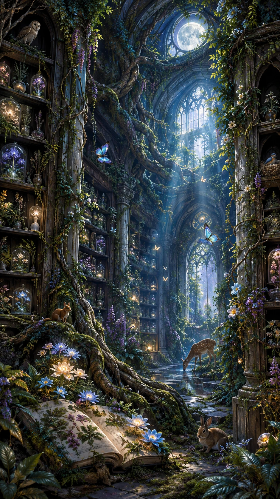 Le radici degli alberi si intrecciano in una biblioteca dimenticata, riconquistata dalla natura