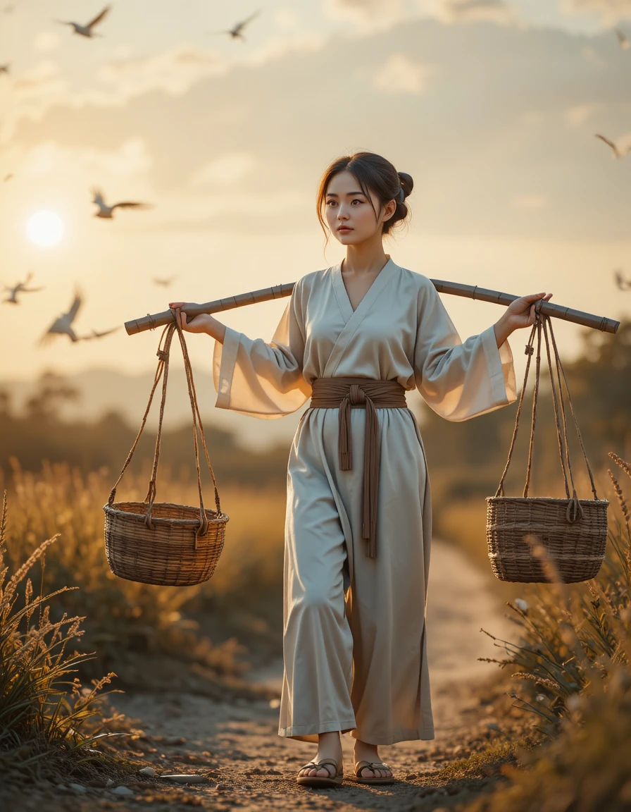 Uma mulher chinesa carrega cestos suspensos por uma paisagem rural