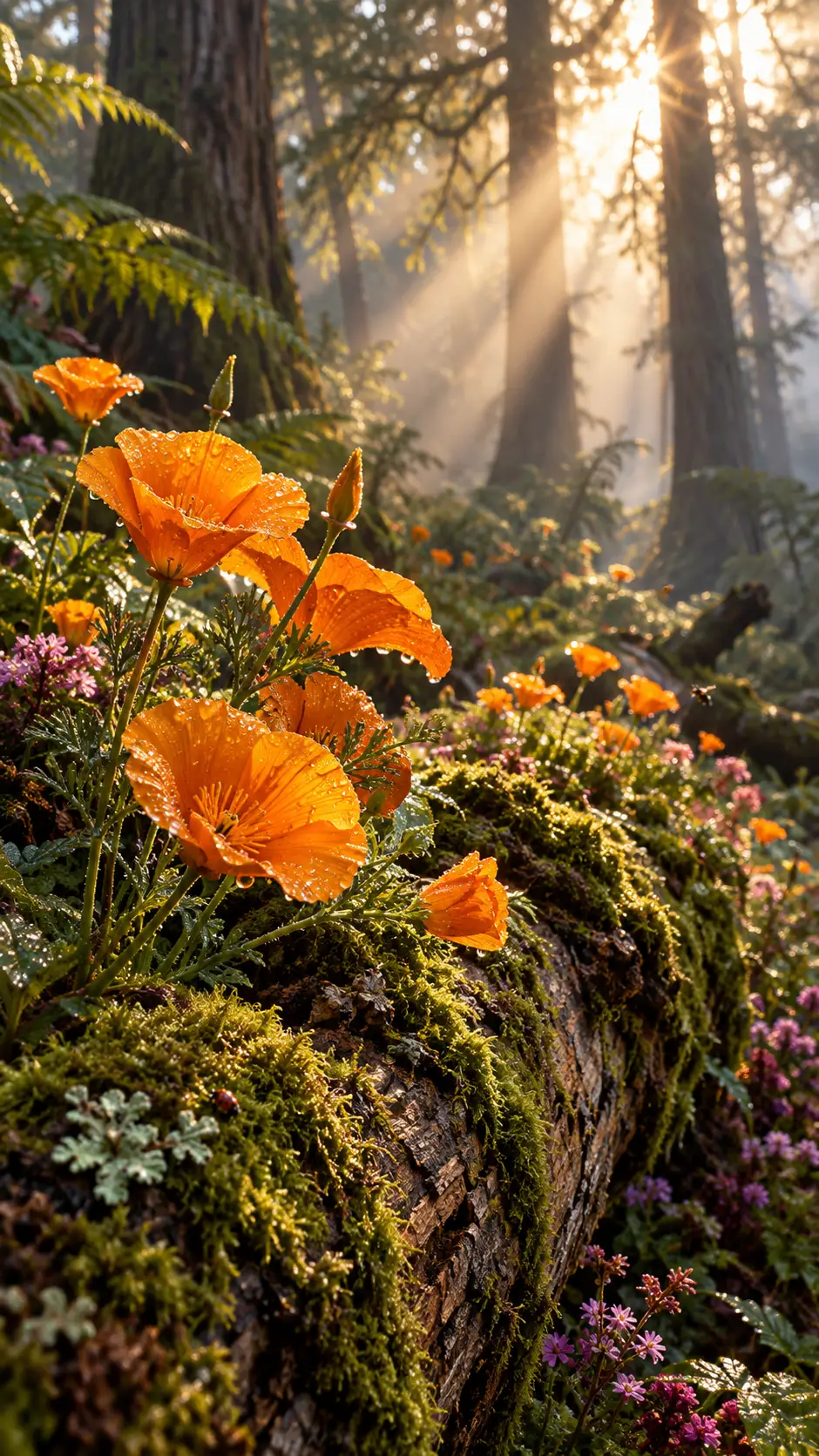 Flores laranjas coroam um tronco caído coberto de musgo numa floresta enevoada
