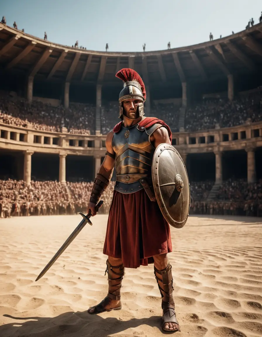 Un gladiador romano se encuentra en el centro de una vasta arena