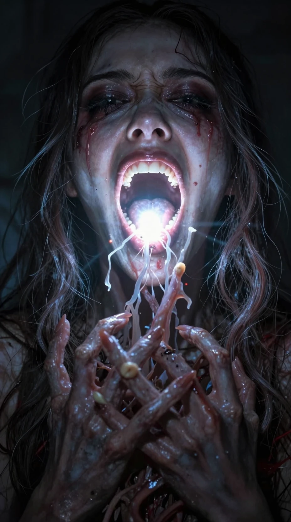 Una donna terrorizzata rivela un teratoma grottesco dentro la sua bocca aperta