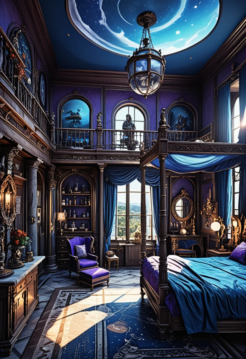 Intérieur de villa au style dark academia, avec des motifs célestes et un mobilier en bois raffiné