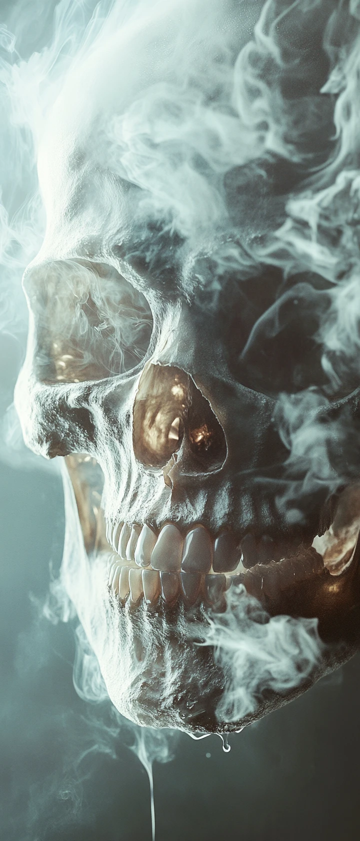 淚痕斑斑的臉龐與骷髏融合，呈現令人毛骨悚然的特寫