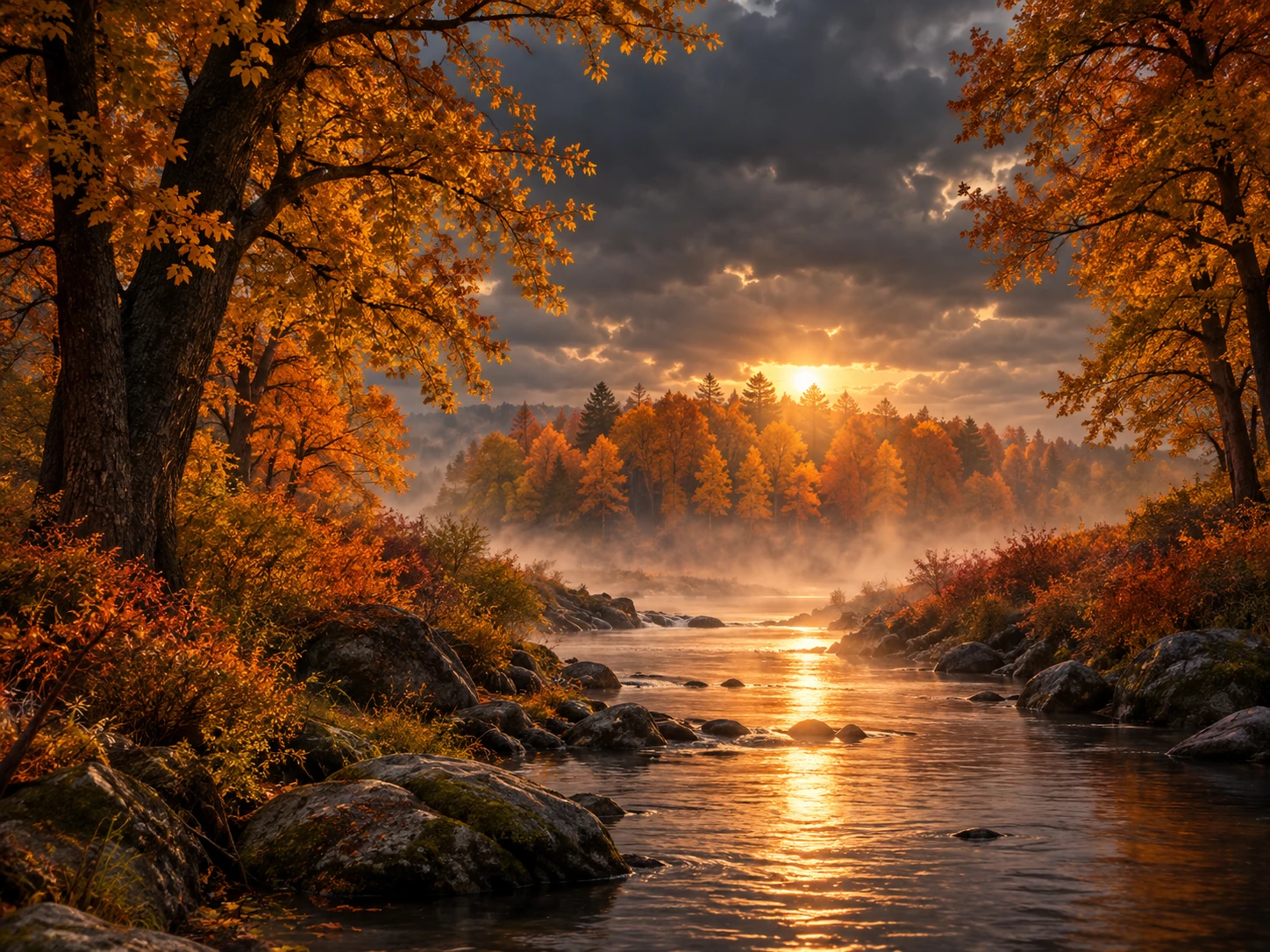 Autumn trees frame a misty stream beneath ominous clouds