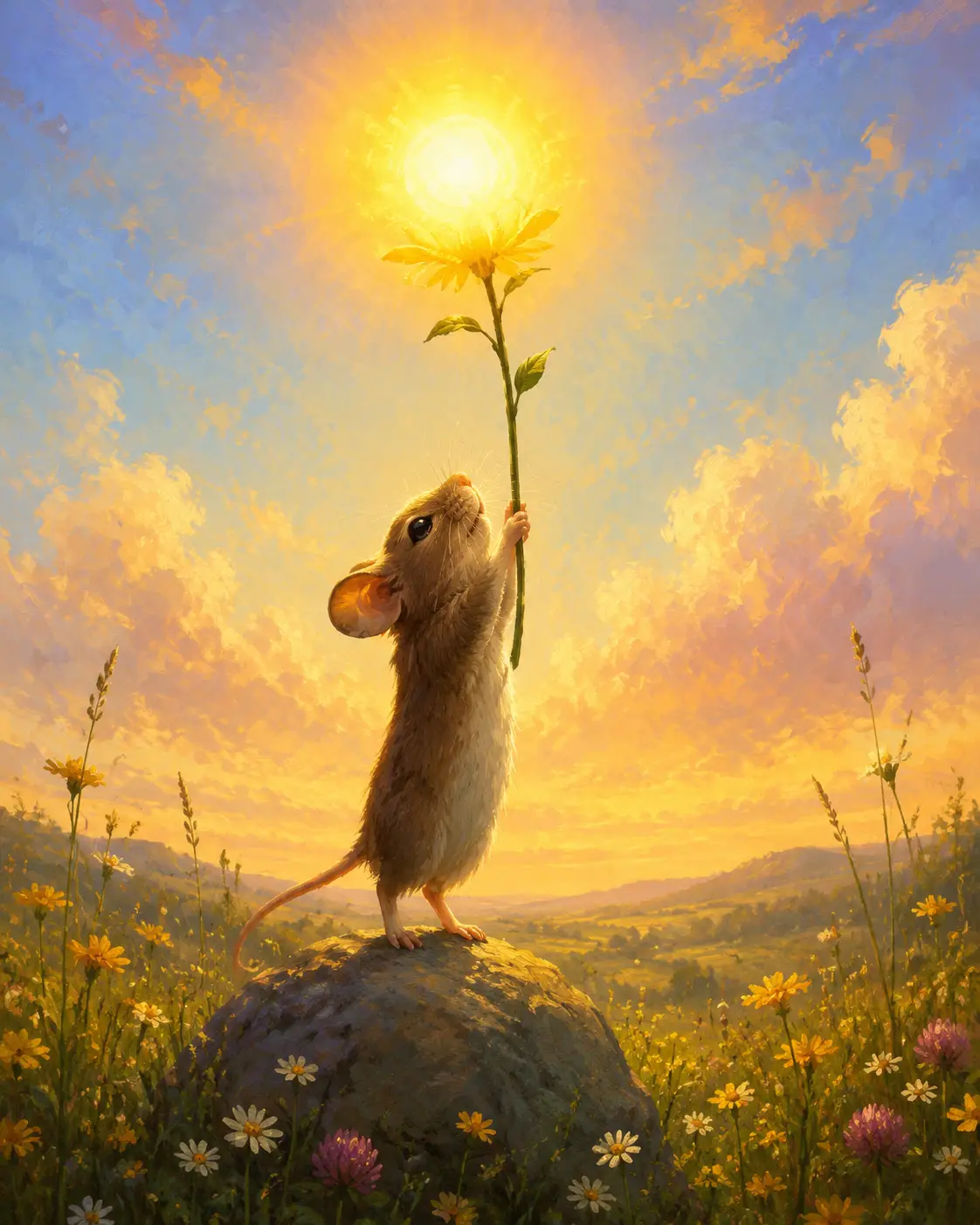 Um pequeno rato-do-campo ergue uma flor brilhante como o sol da manhã