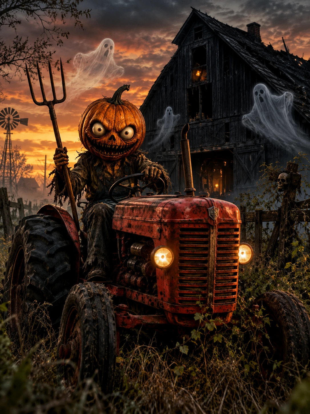 Una criatura con cabeza de calabaza recorre una granja encantada en un tractor rojo