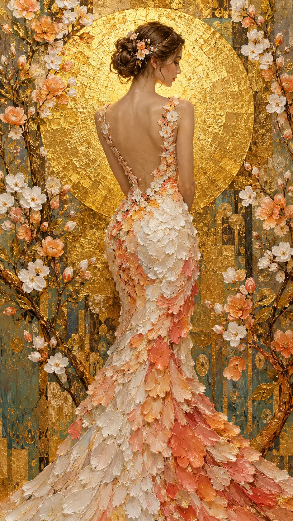 Una mujer con un vestido floral texturizado frente a un sol dorado