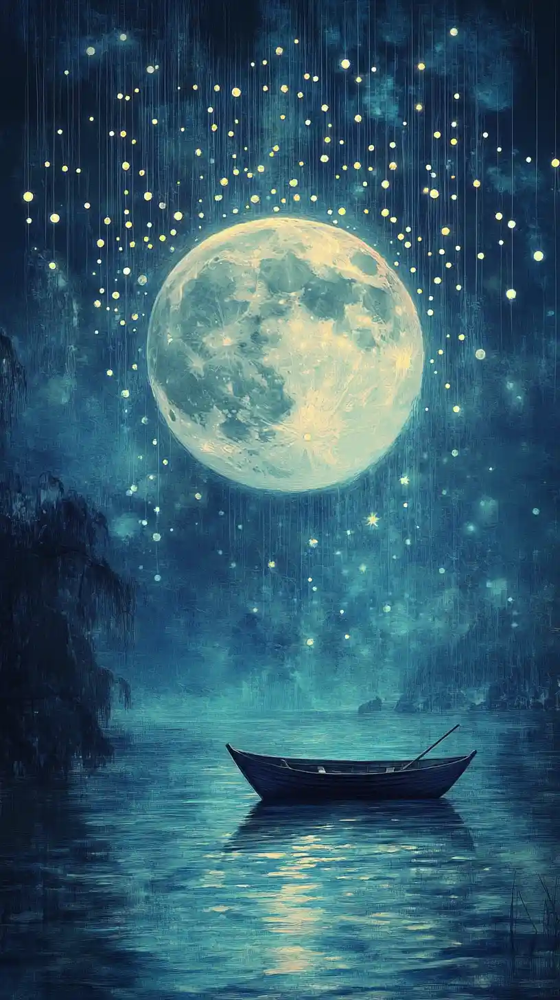 Une lune lumineuse se tient bas au-dessus d’un lac de gouttes de pluie ascendantes