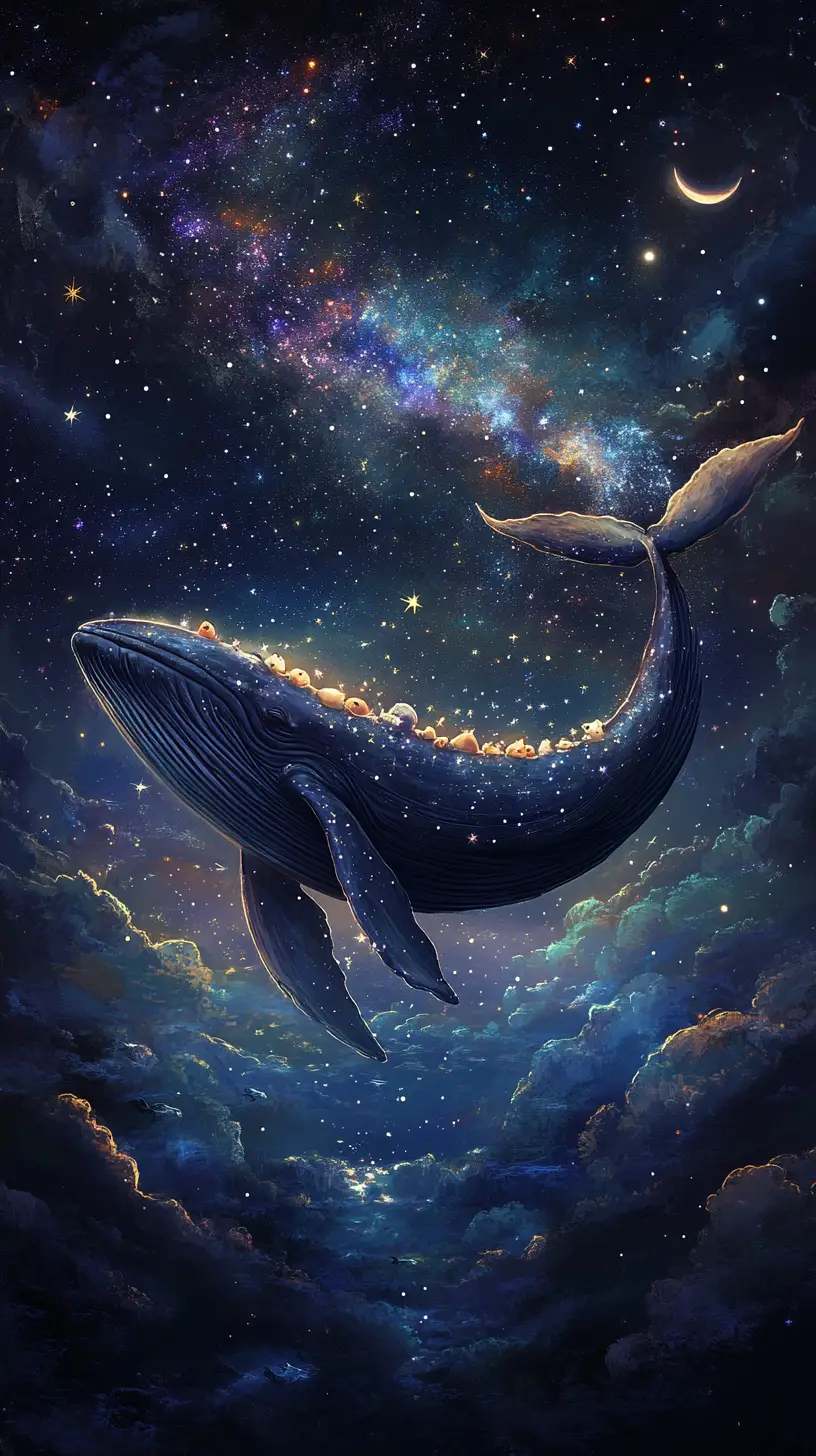 Una ballena celestial lleva animales dormidos por el cielo crepuscular
