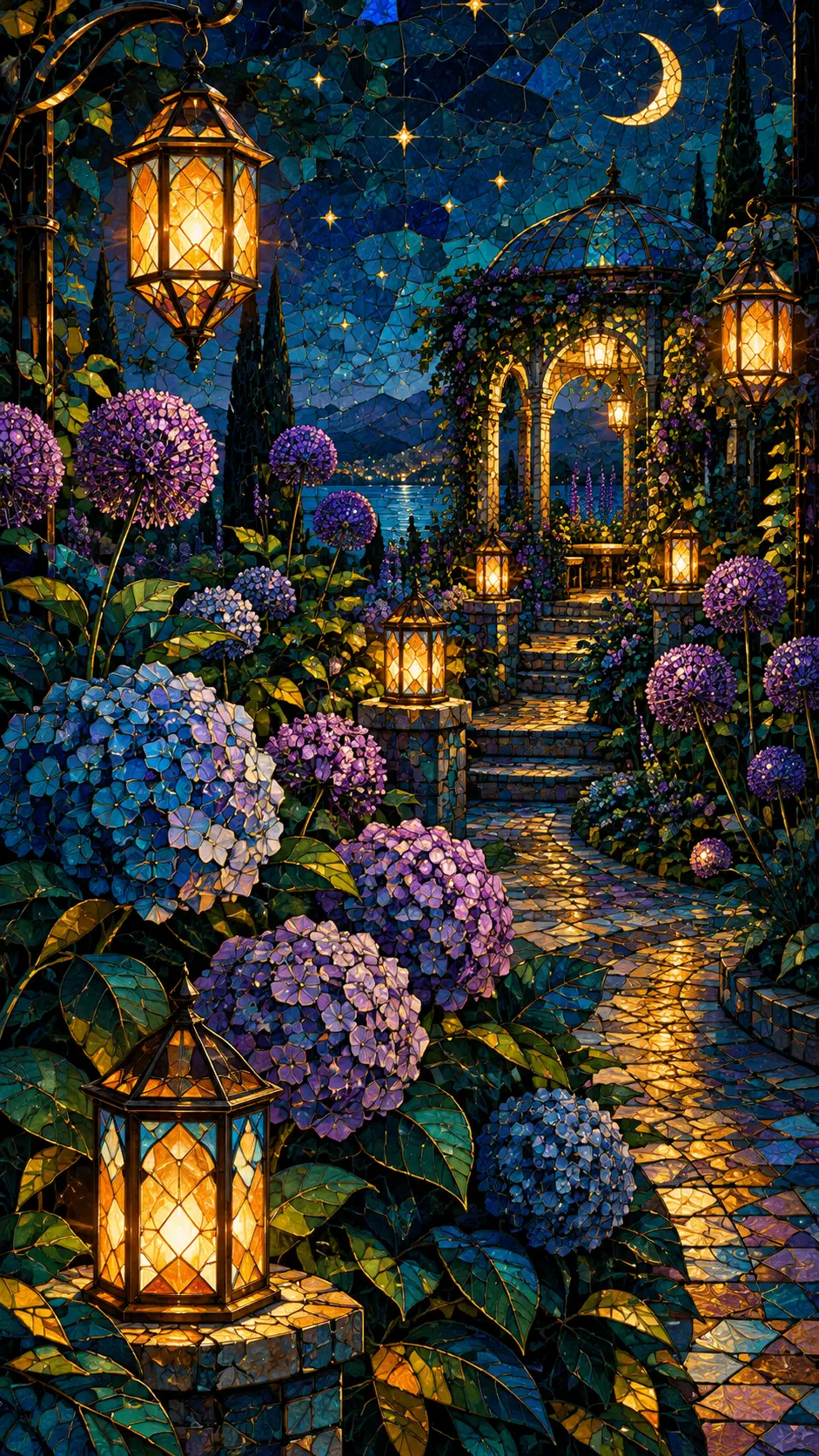 A Stained Glass Garden Glows Beneath a Starry Night Sky