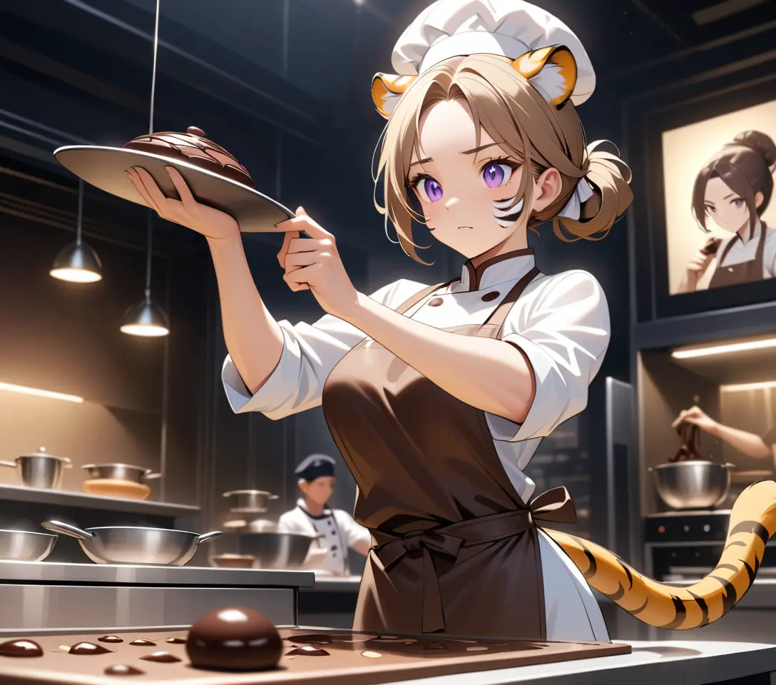 Una pastelera tigresa termina una escultura de chocolate en una competición