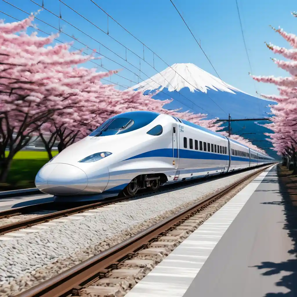 Um trem-bala japonês passa em alta velocidade por cerejeiras sob o Monte Fuji