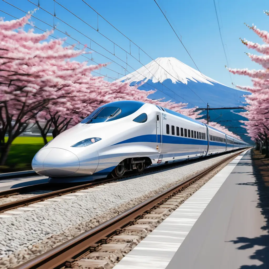 Un tren bala japonés pasa a toda velocidad junto a cerezos en flor bajo el monte Fuji