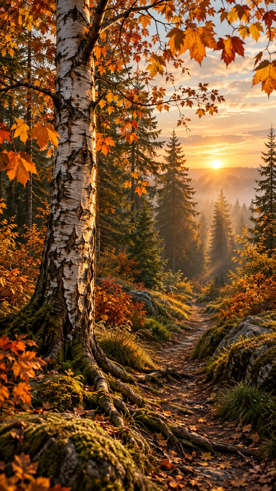 A white birch anchors a winding path through an autumn forest