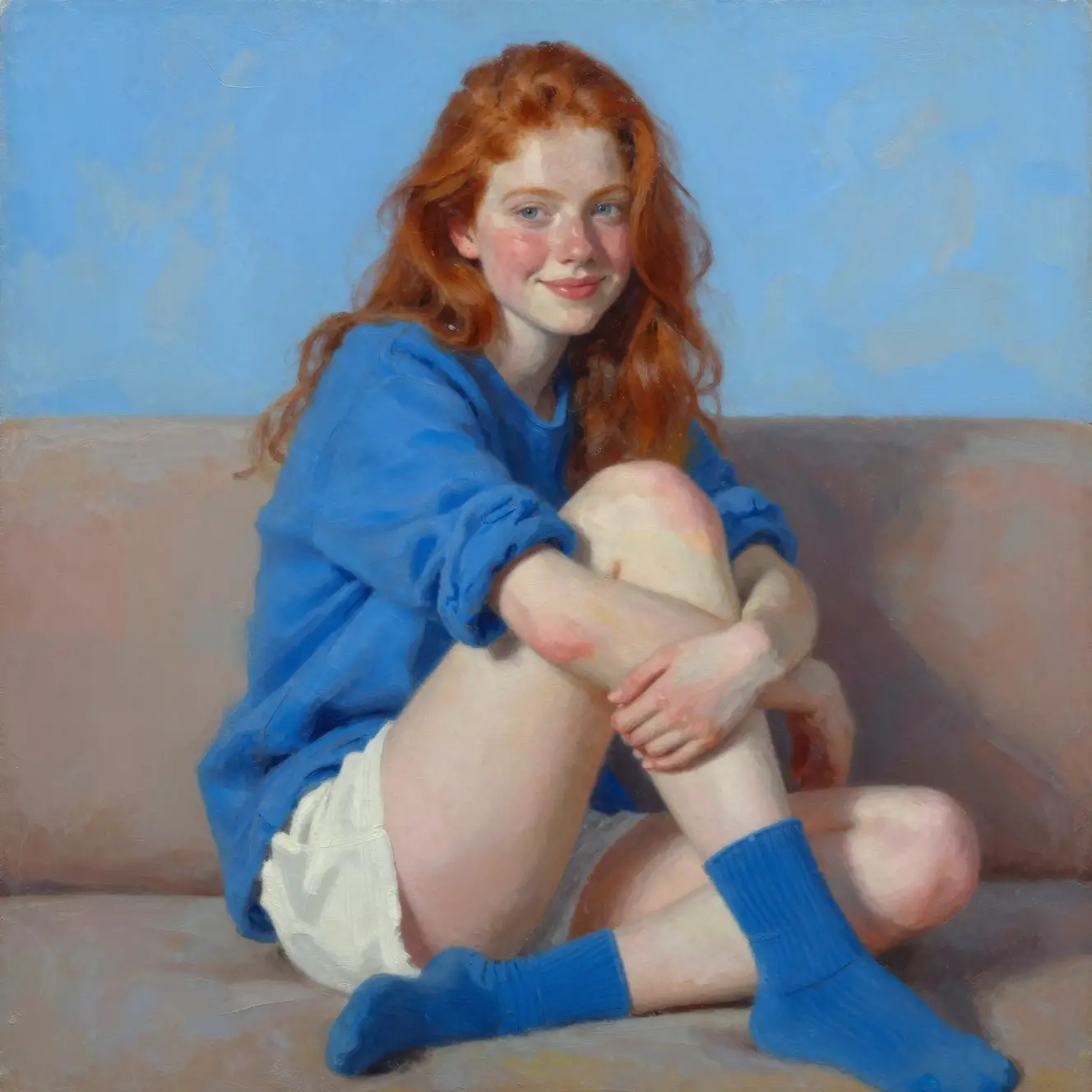 Une jeune femme rousse sourit, assise sur un canapé