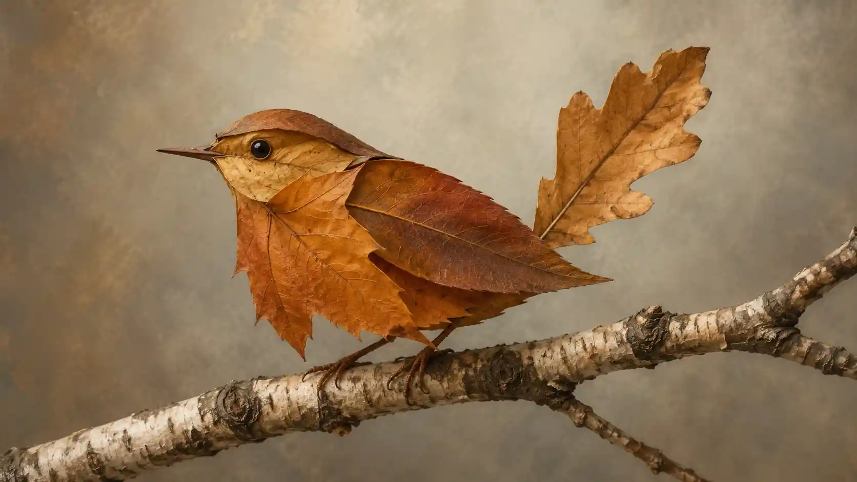 A wren made of autumn leaves perches on a birch branch
