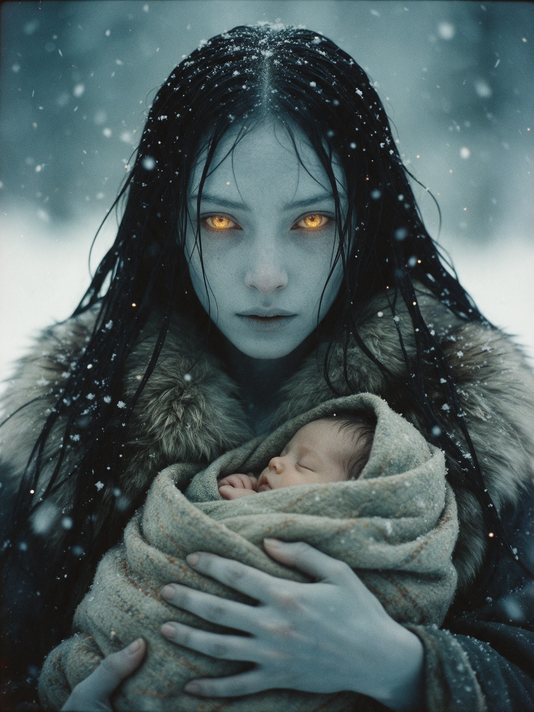 Eine geisterhafte Frau wiegt ihr schlafendes Baby im fallenden Schnee