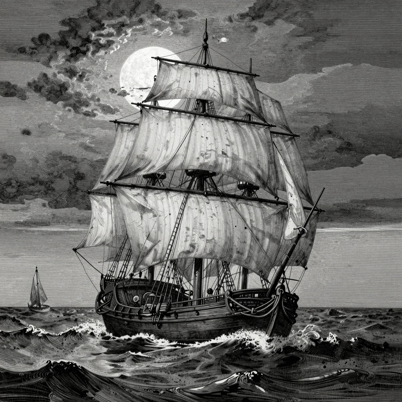 Ein mittelalterliches Segelschiff durchquert turbulente Gewässer unter dem mondbeschienenen Nachthimmel