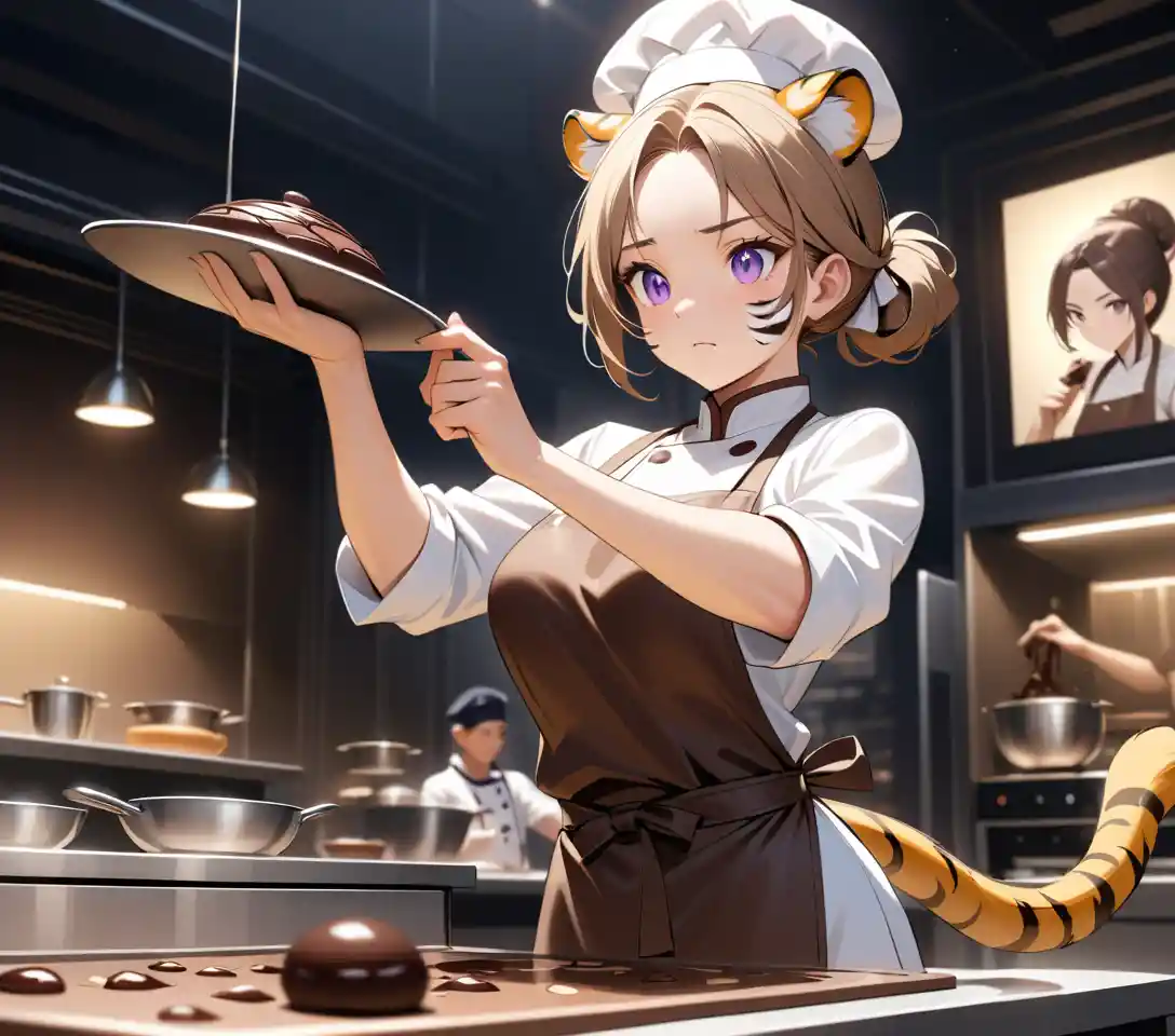 Uma confeiteira-tigre termina uma escultura de chocolate em uma competição