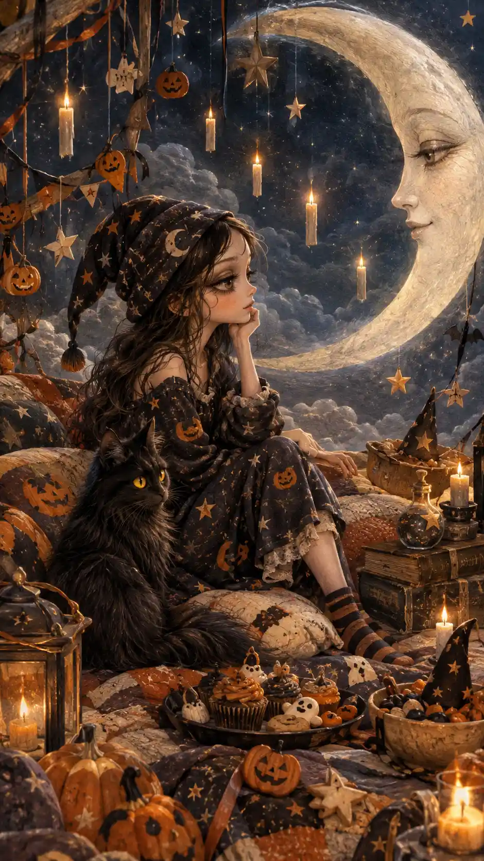 Una joven bruja asiste a una pijamada de Halloween bajo la luz de la luna, junto a una luna creciente