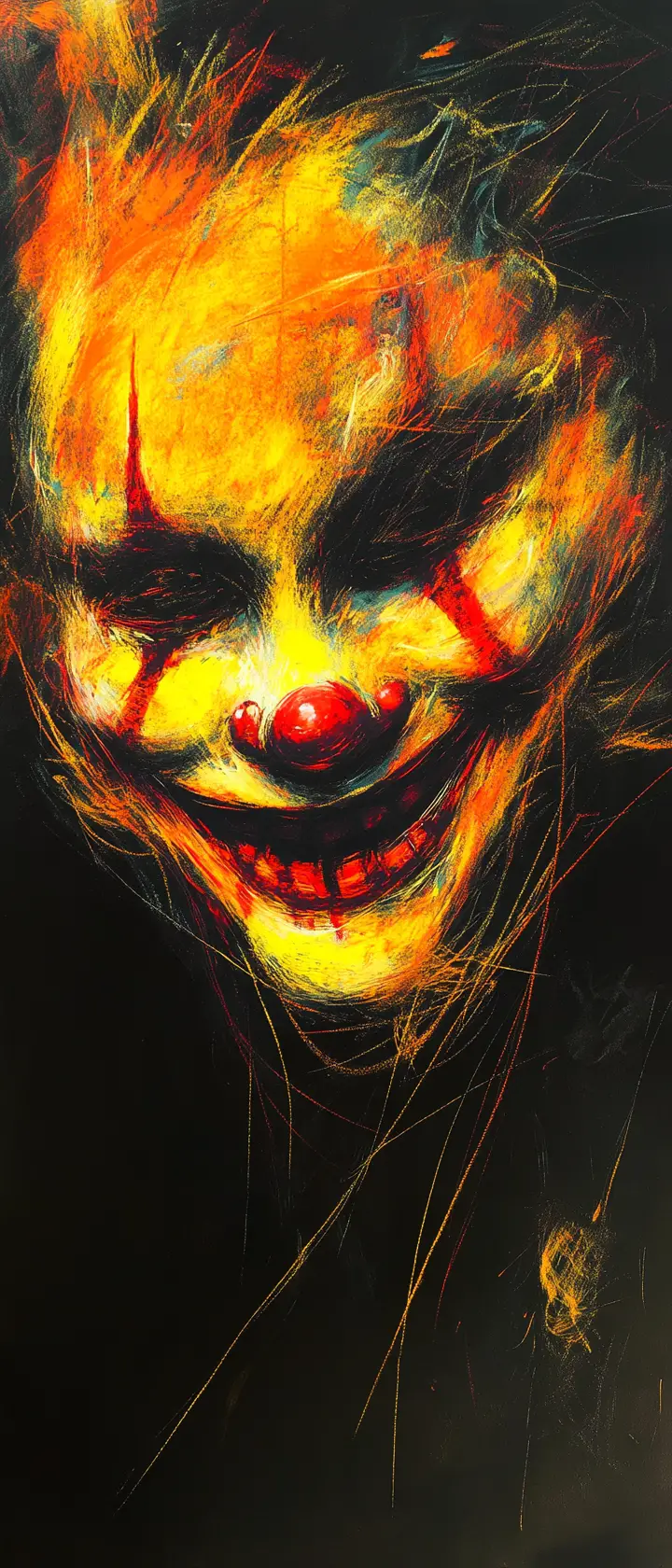 Das fragmentierte Lächeln eines Clowns leuchtet vor tiefschwarzer Leere