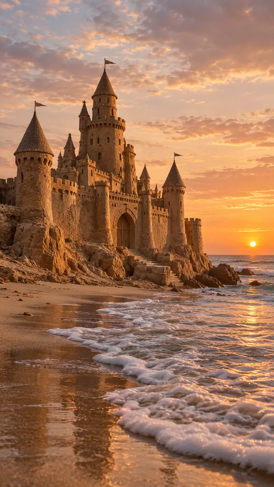 A sand fortress glows beside a beach at sunset