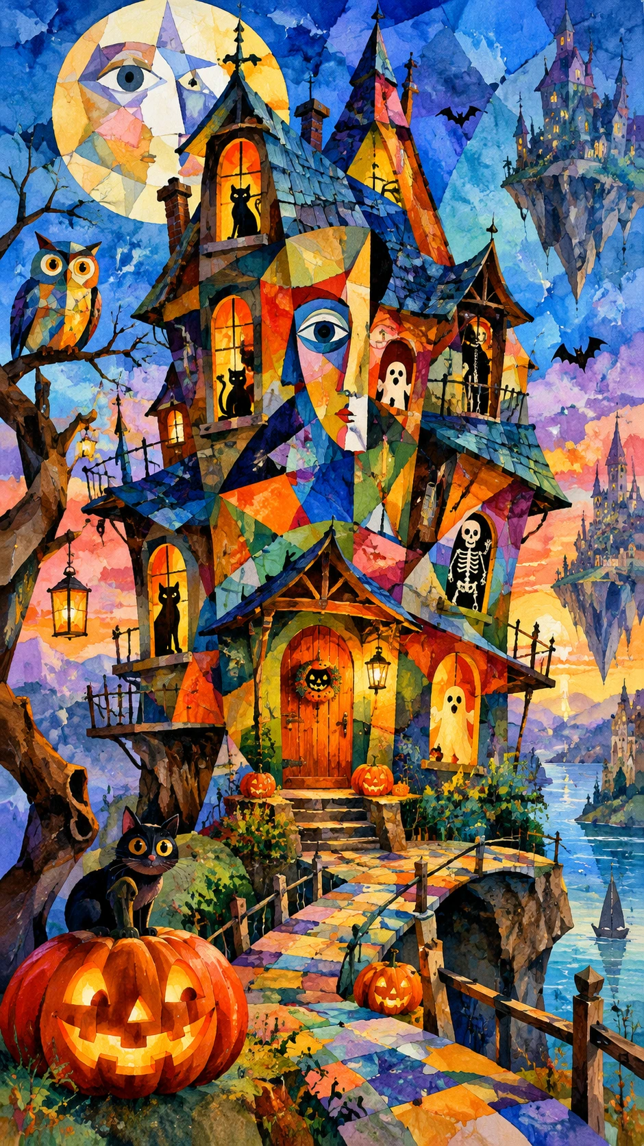Uma casa assombrada alegre de Halloween em estilo cubista e aquarela colorida
