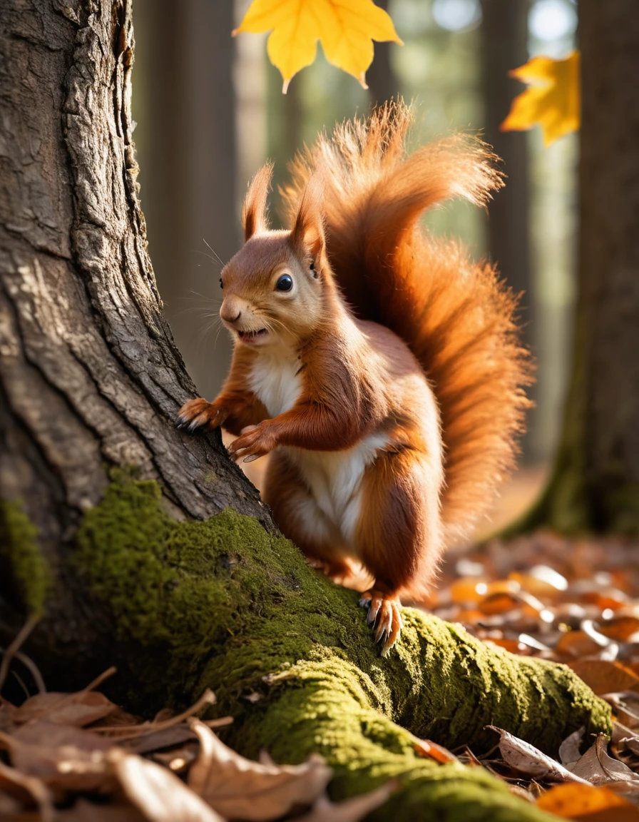 Ein Rothörnchen eilt mit einer Eichel einen Baum hinauf