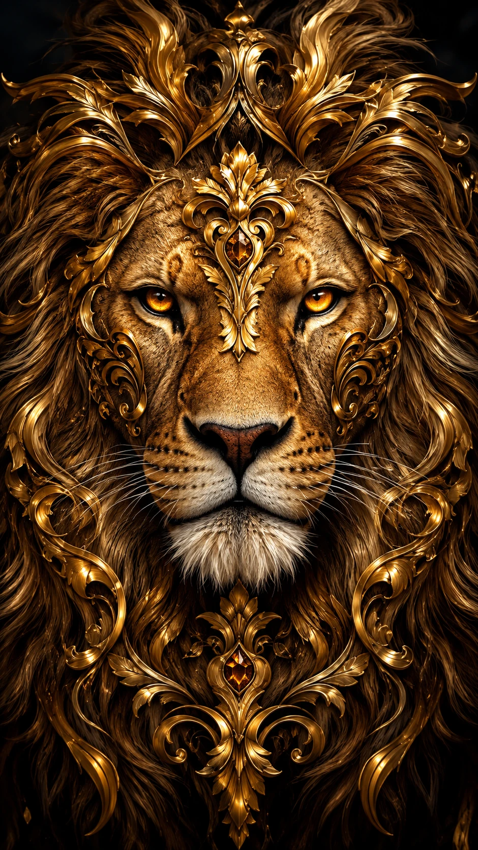 Un majestuoso retrato de león adornado con intrincados ornamentos barrocos dorados