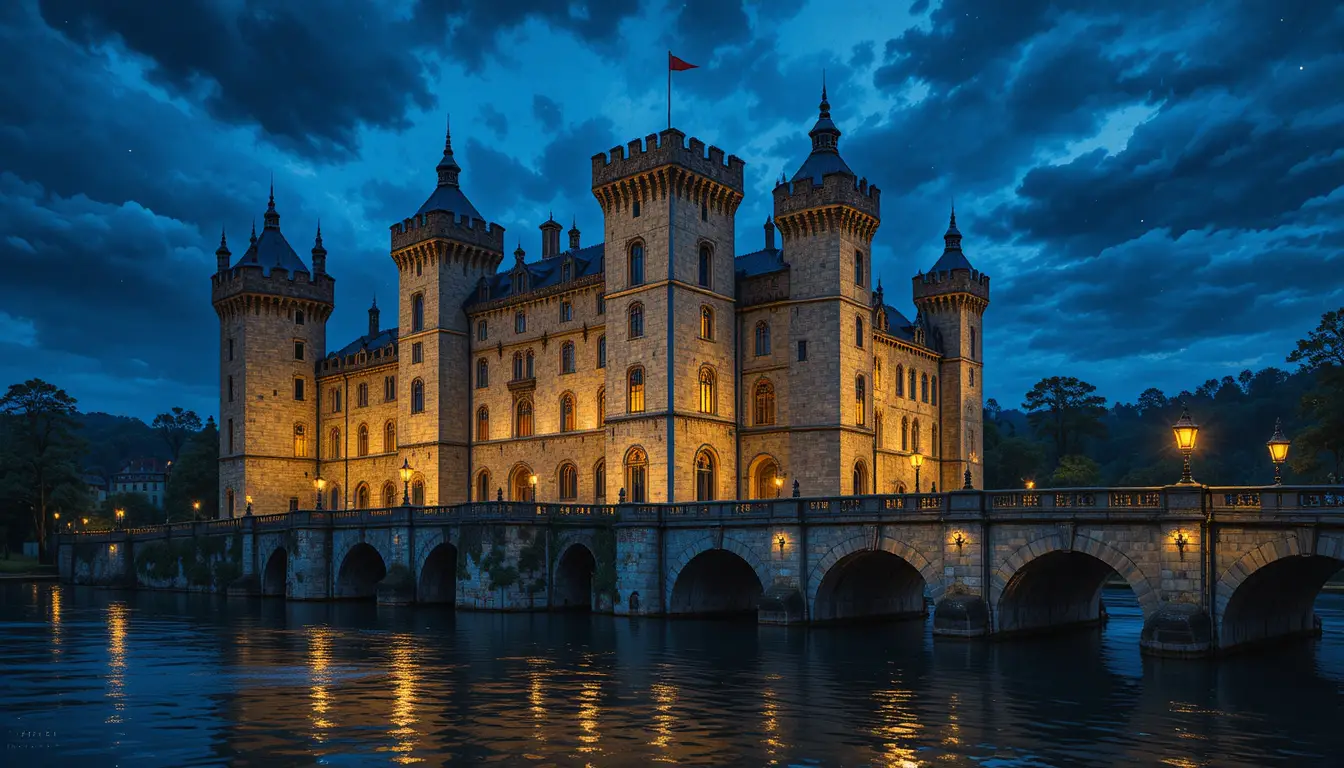 De noche, un antiguo castillo de piedra brilla junto a un puente reflejado en el agua