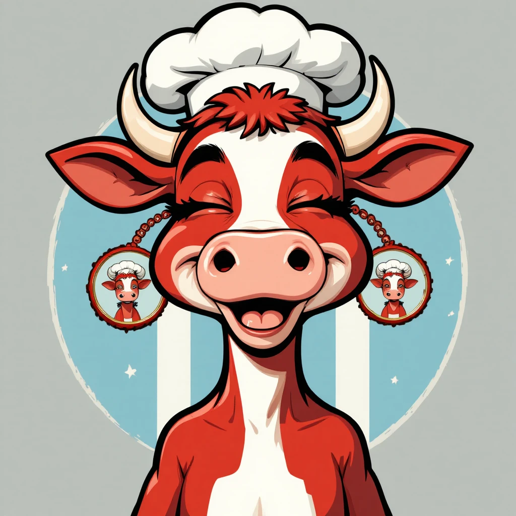Uma alegre vaca vermelha chef sorri em um retrato de desenho animado cheio de diversão