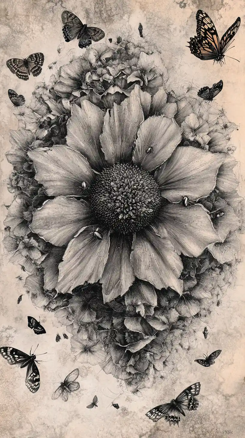 A giant flower reveals animal profiles, butterflies, and birds in negative space