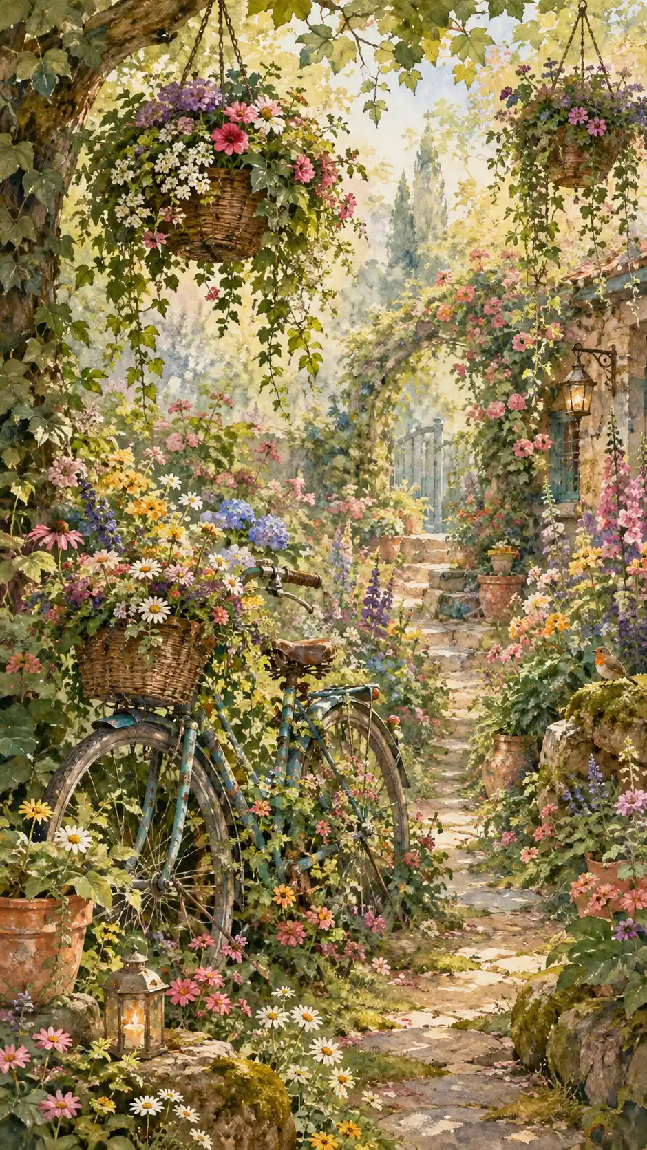 Un giardino ad acquerello ricco di fiori, pietre muschiose e quieta magia