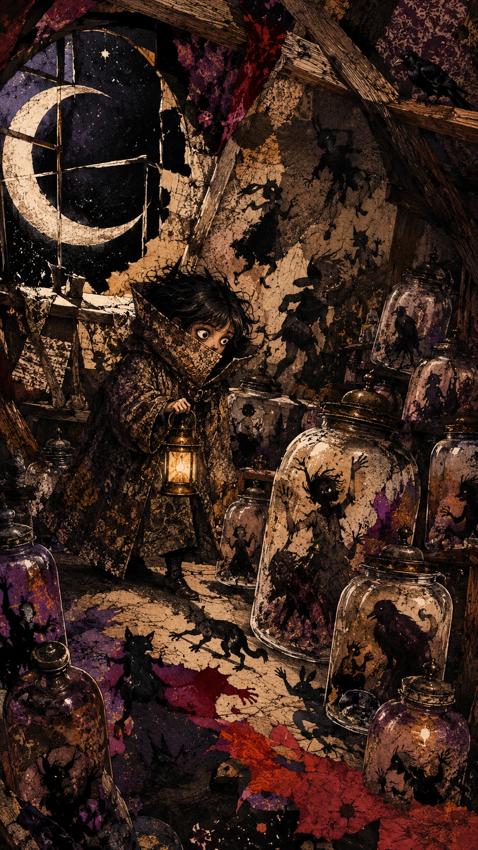 A keeper gathers escaping shadows in glass jars inside a crooked attic