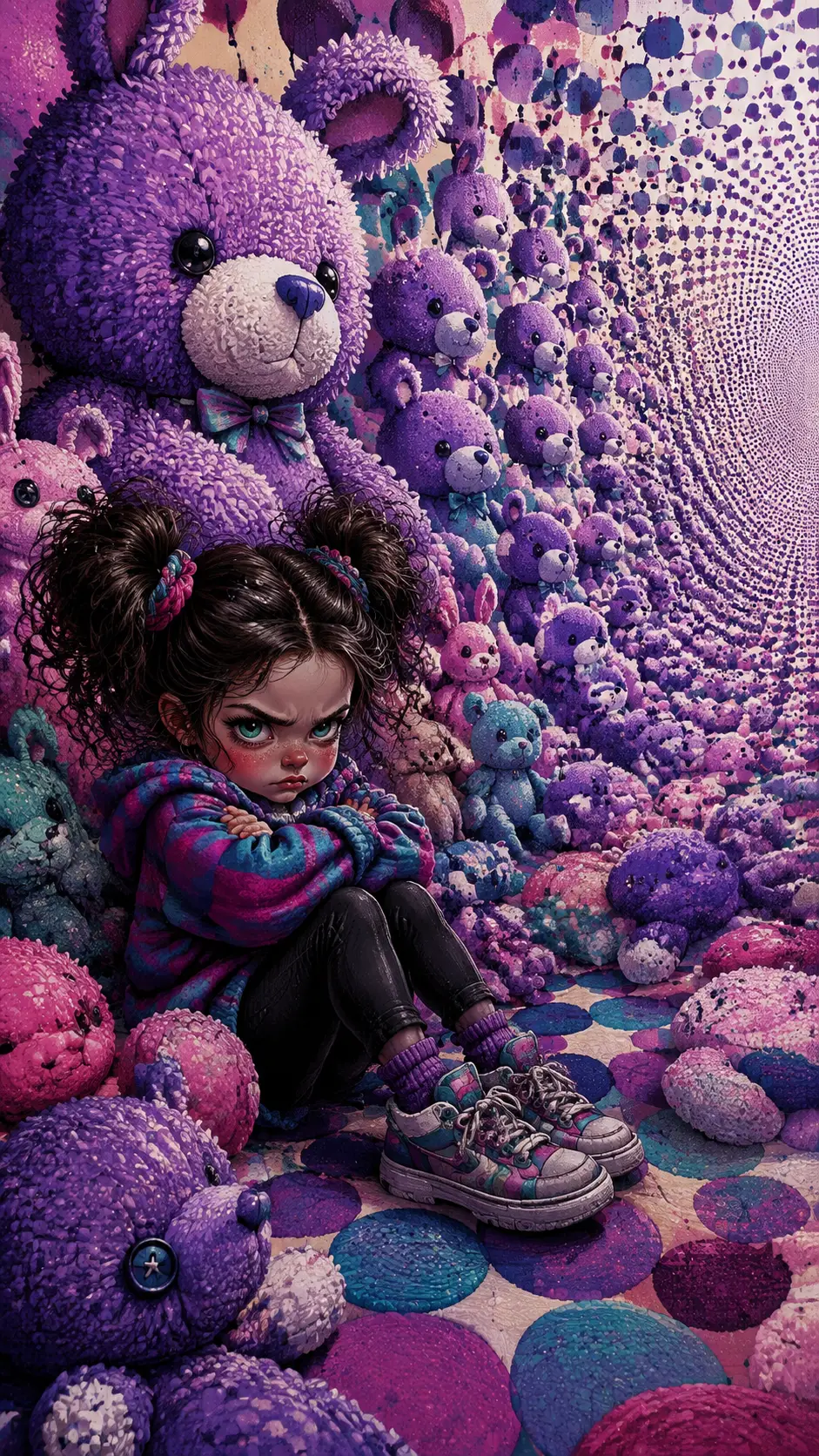 Una bambina protegge la sua enorme collezione di peluche