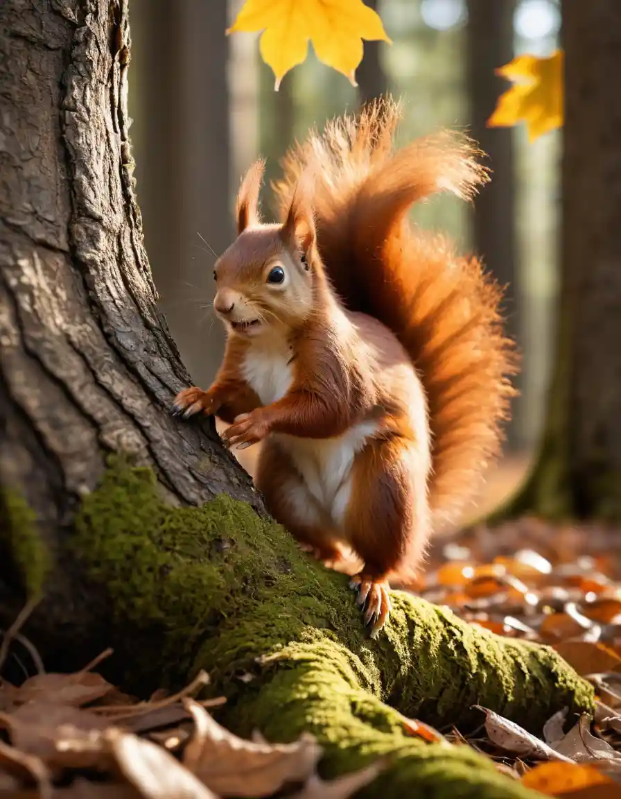 Un écureuil roux grimpe à toute vitesse dans un arbre avec un gland
