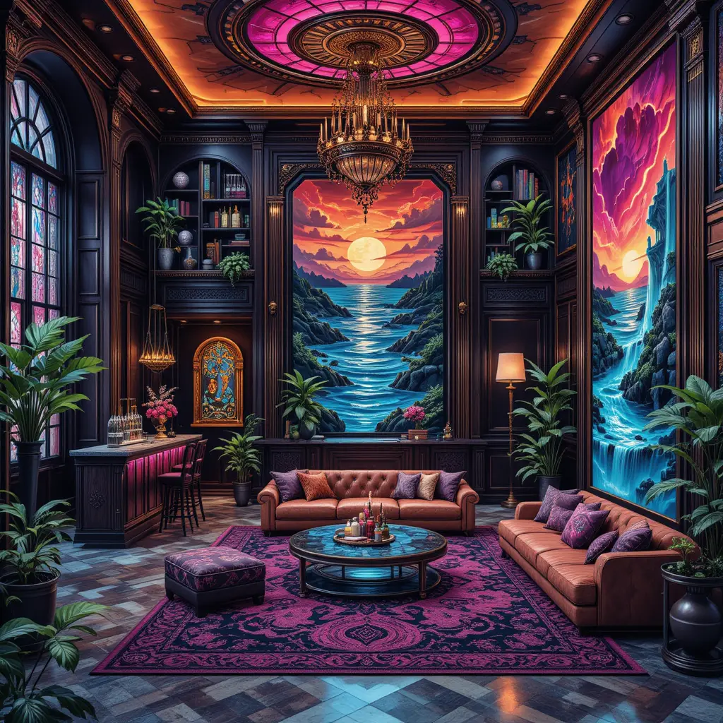 Isometrisches, zweistöckiges Miniatur-Wohnzimmer mit Lounge-Sitzgelegenheiten und Neon-Hintergrundbeleuchtung