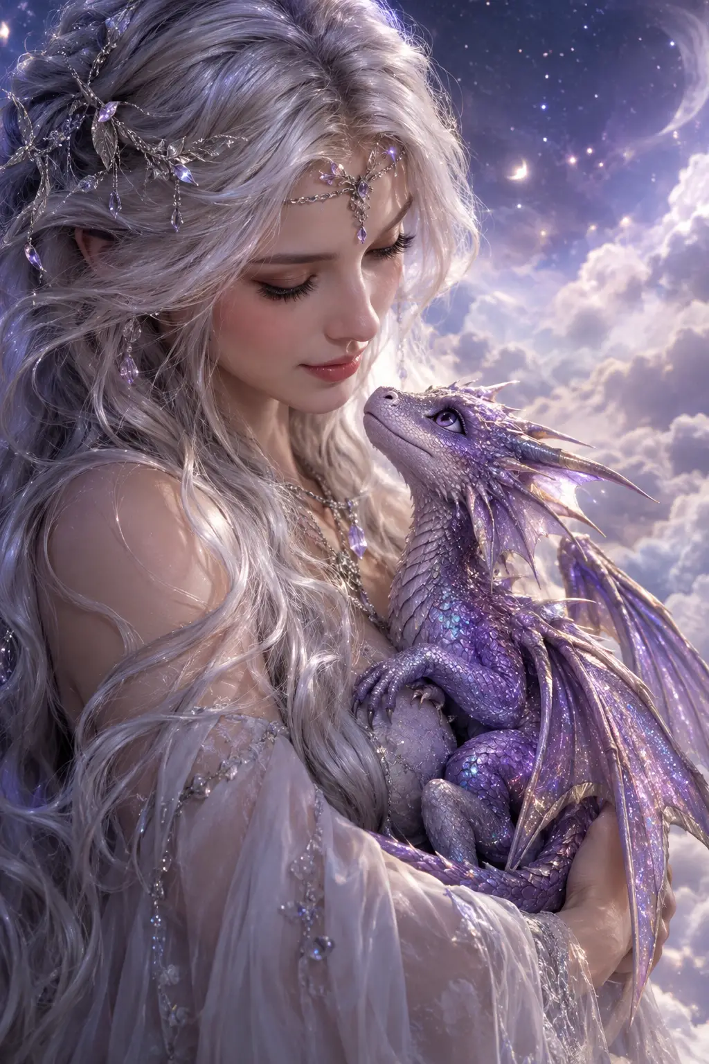 Une femme aux cheveux argentés tient un petit dragon iridescent sous les étoiles