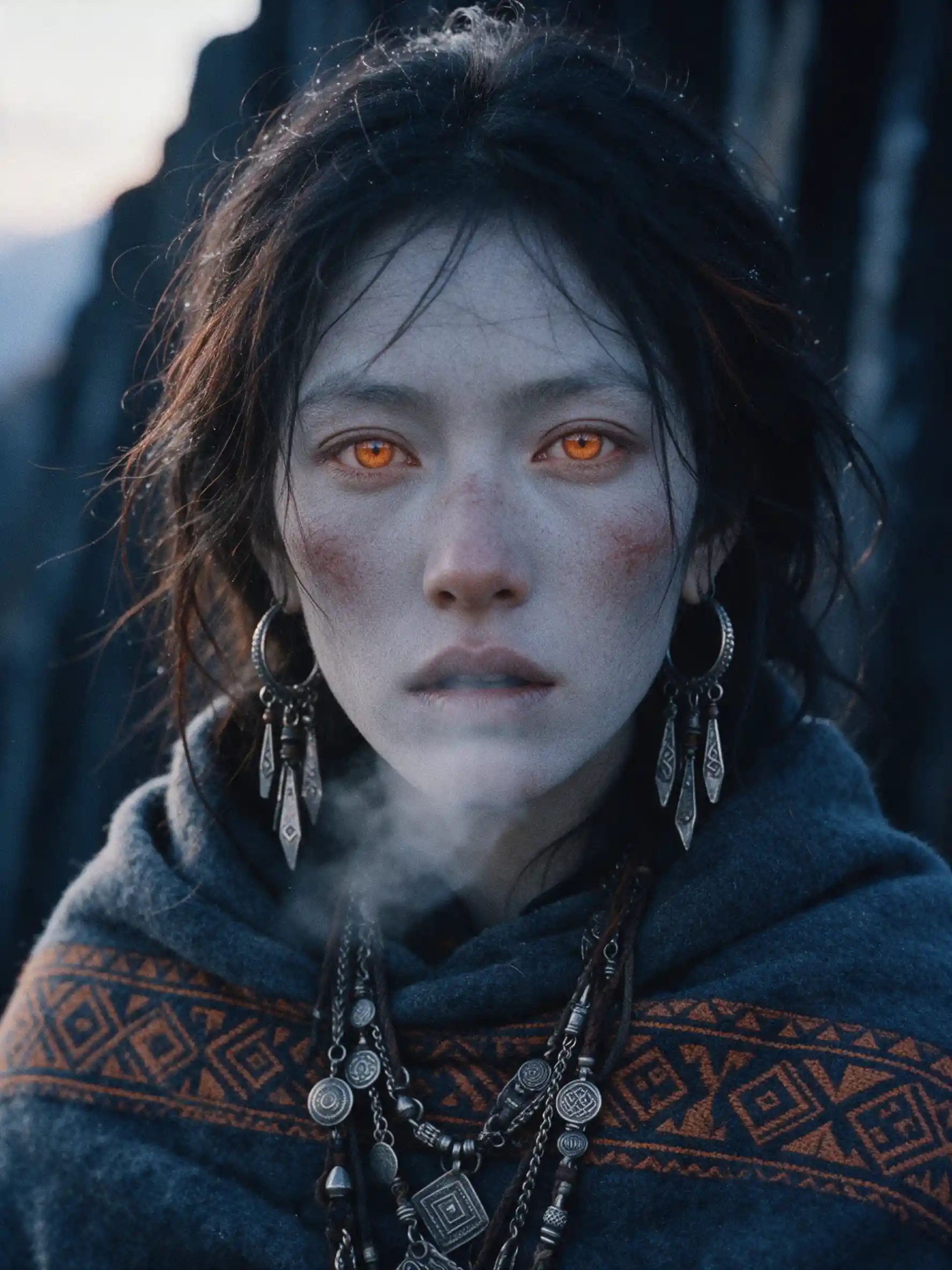 A pale mountain spirit in a woven woolen shawl