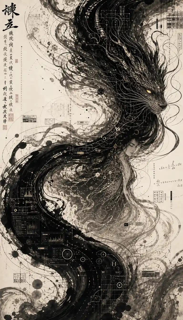 Un immense trait d'encre serpente sur la page comme un dragon