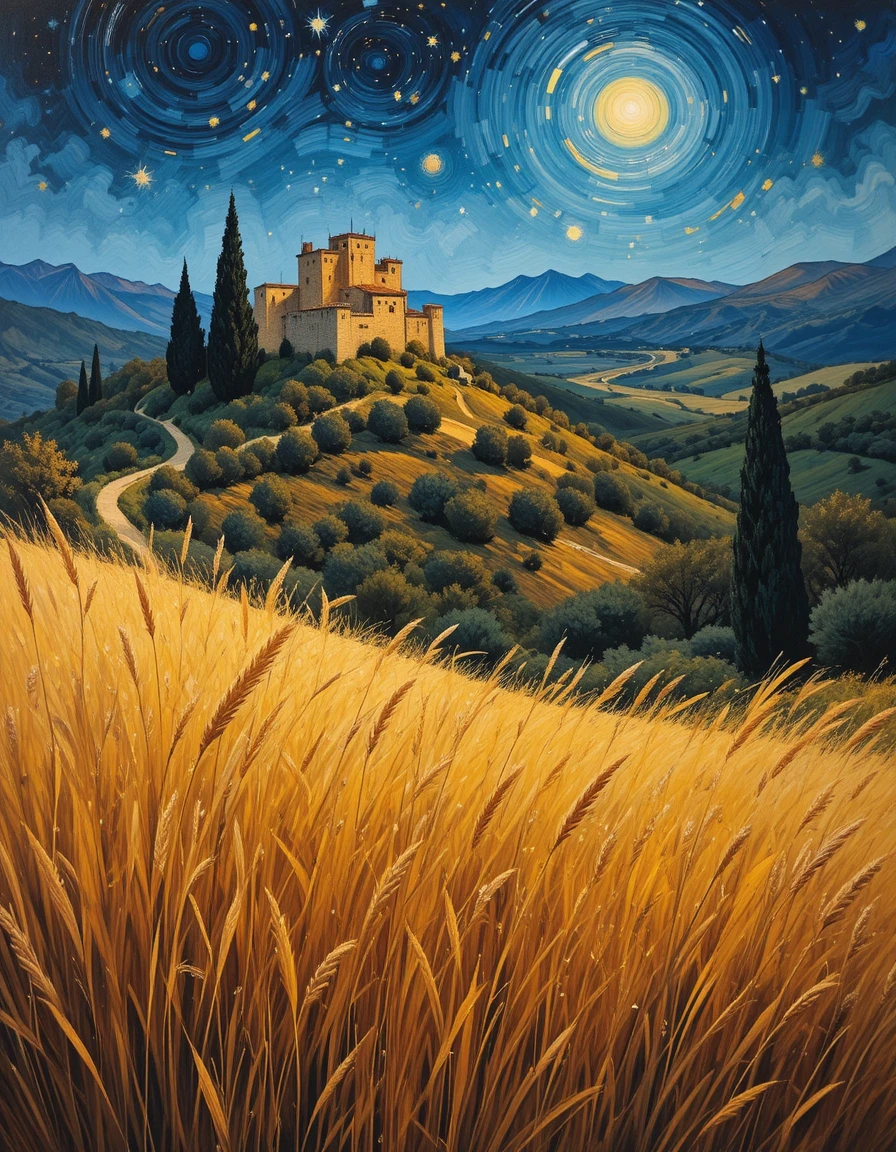 Paisaje nocturno provenzal con una fortaleza medieval en lo alto de una colina