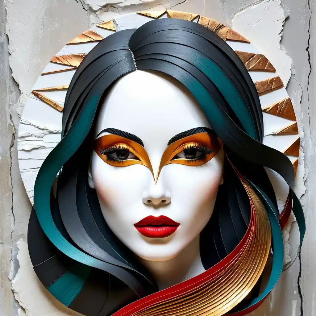 Ritratto geometrico a collage di una donna con capelli fatti di corde intrecciate