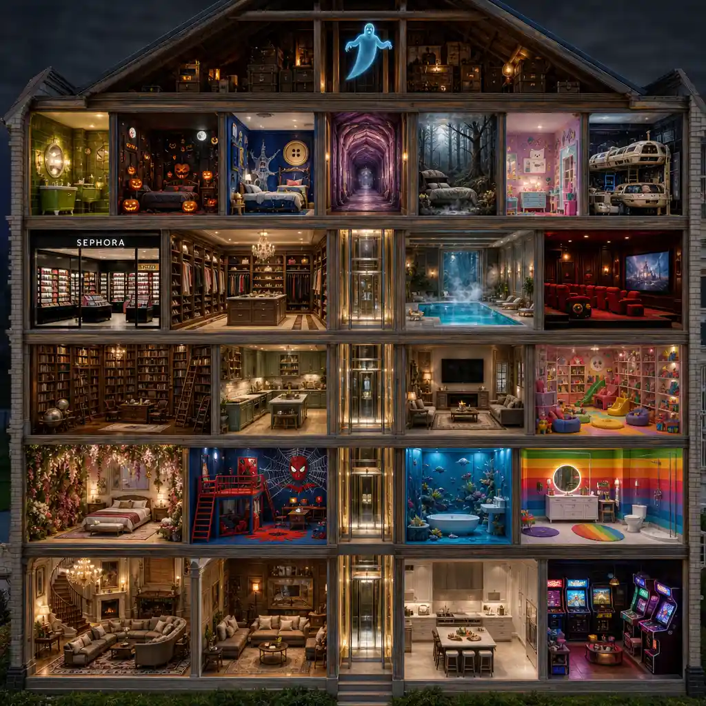 Una casa de muñecas de cinco pisos se abre y revela sus habitaciones en miniatura