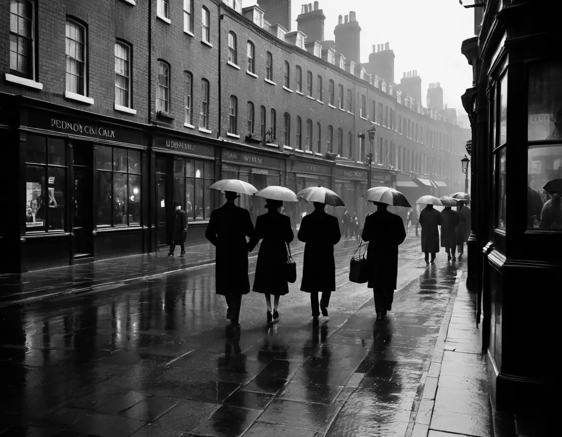 Fußgänger gehen 1910 mit Regenschirmen durch eine regnerische Straße in London