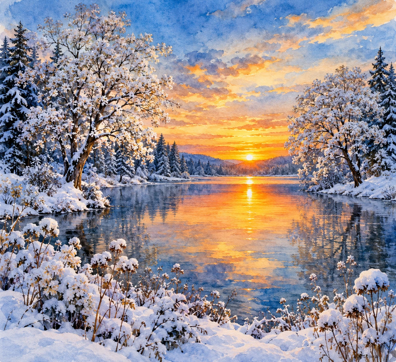 冬日夕陽下，雪景水彩畫環繞著湖泊