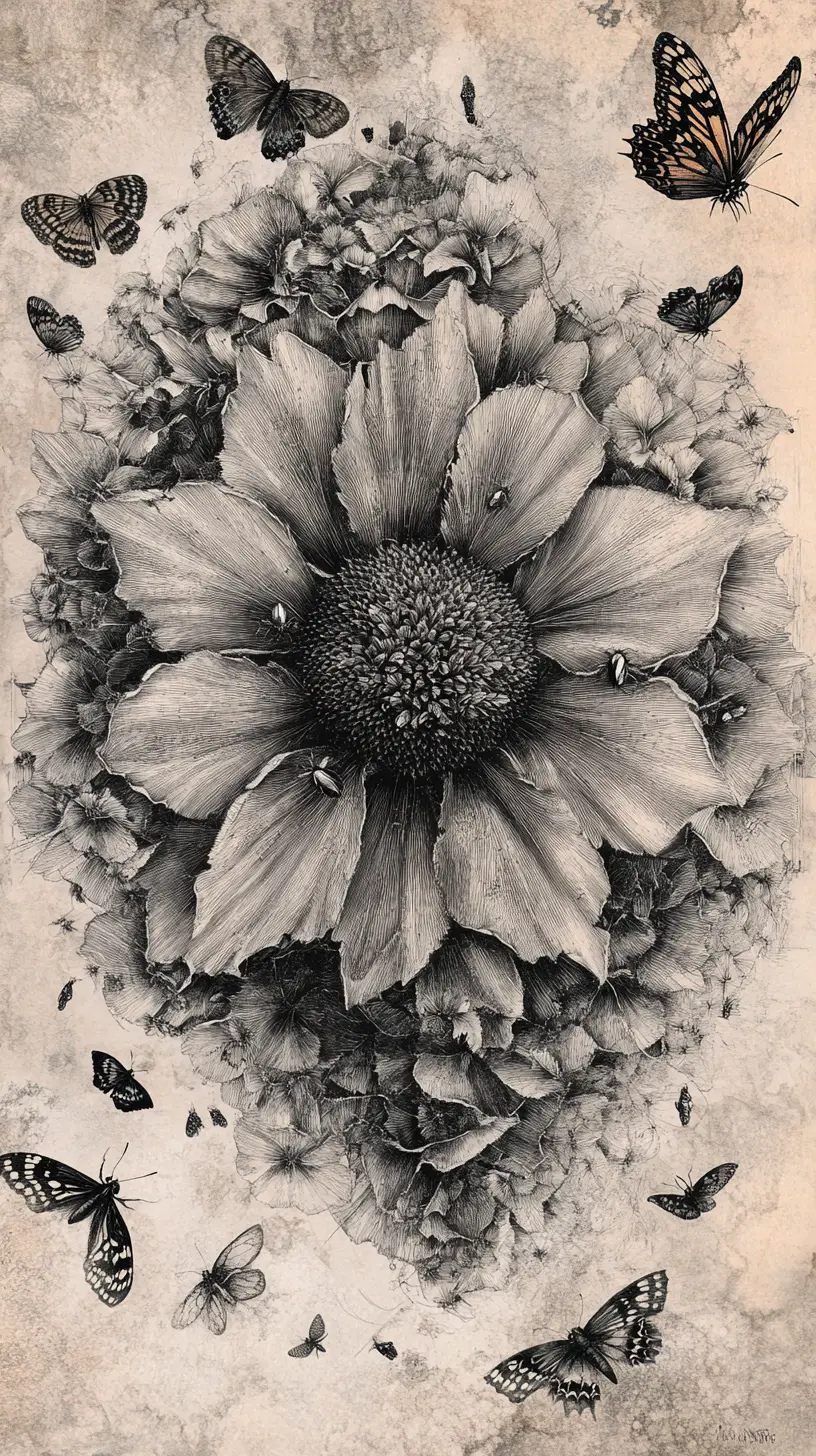 A giant flower reveals animal profiles, butterflies, and birds in negative space