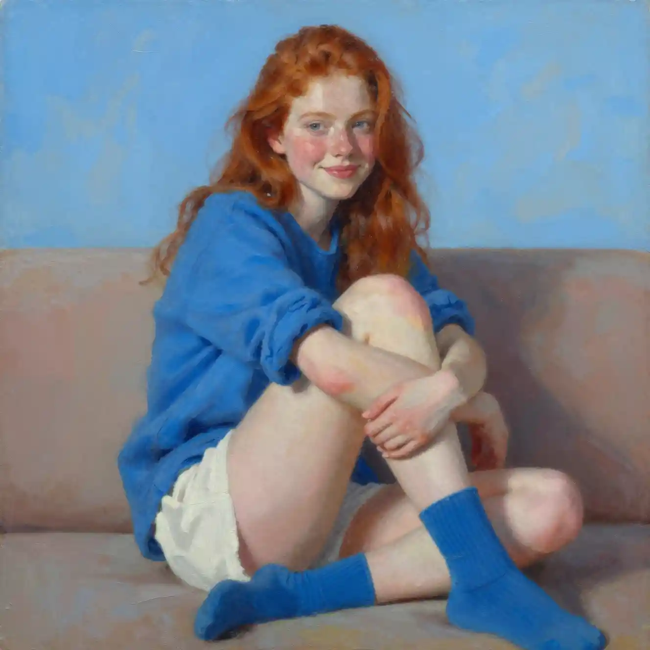 Red haired young woman smiles while seated on a sofa