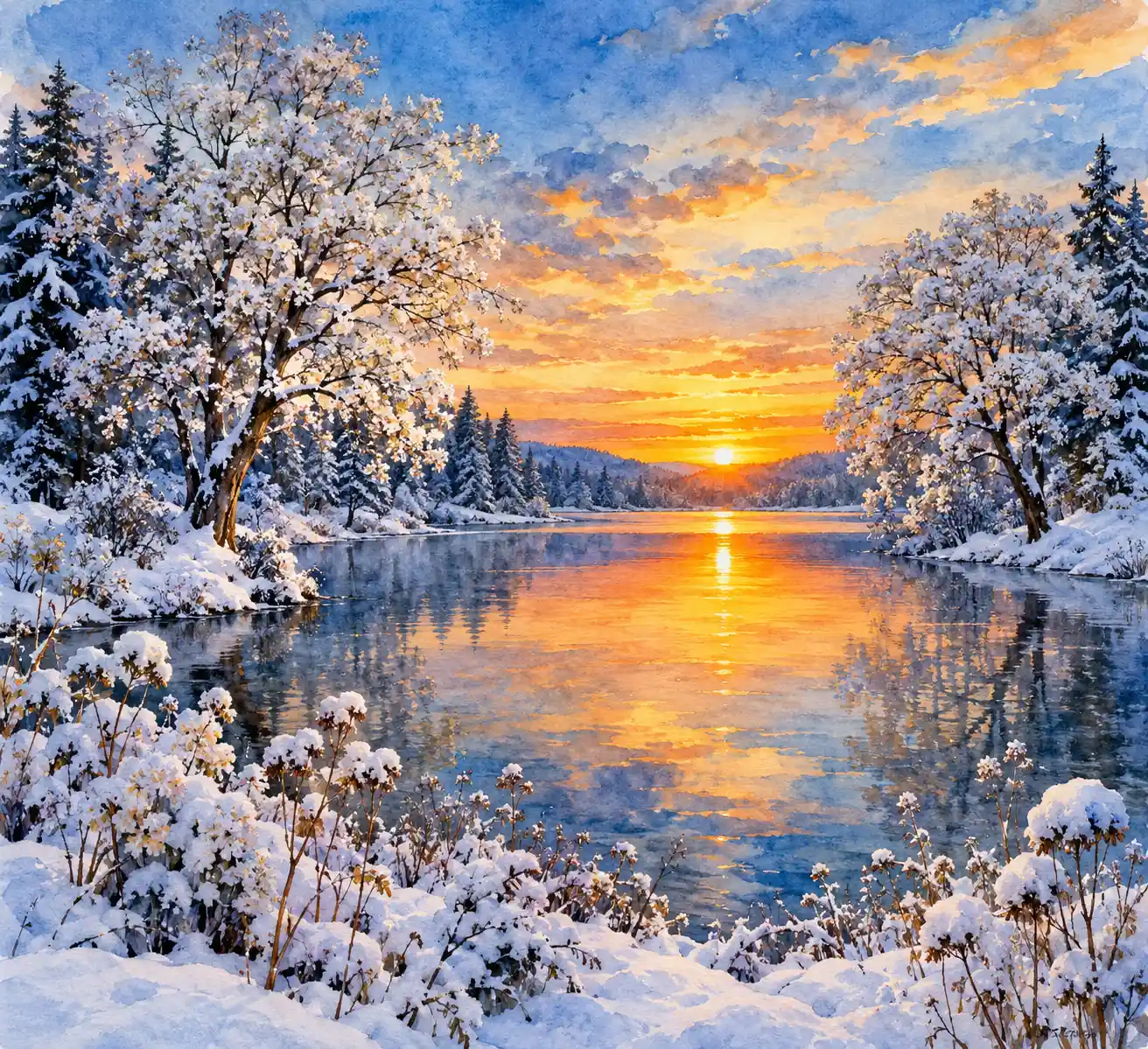 冬日夕陽下，雪景水彩畫環繞著湖泊