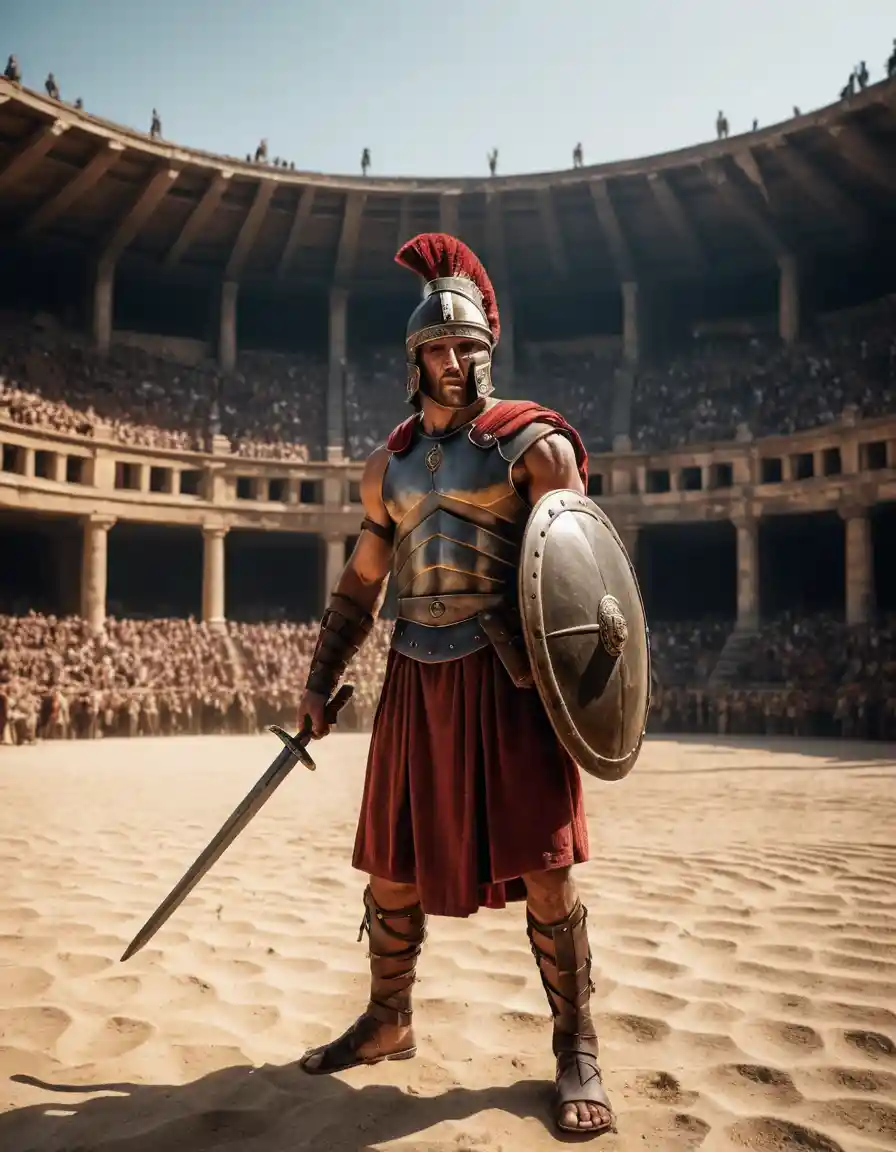 Un gladiador romano se encuentra en el centro de una vasta arena